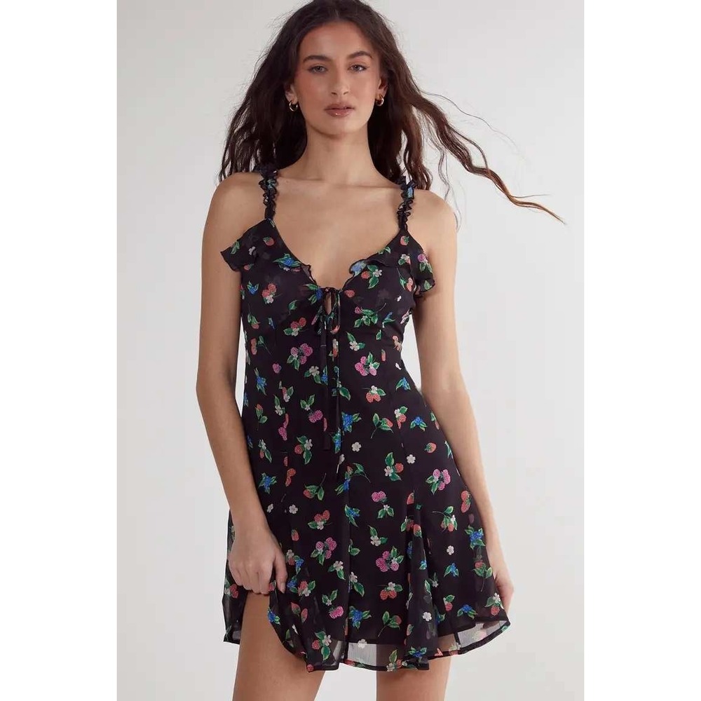 Zara Women Black Berry Floral Print Jacquard Mini Dress Ruffle Tie Front Size M